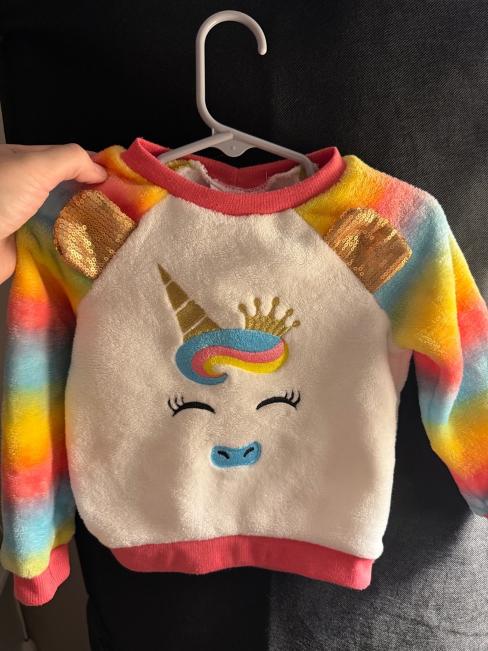 Penelope Mack White Plush Unicorn Pullover with Rainbow Sleeves & Gold Accents